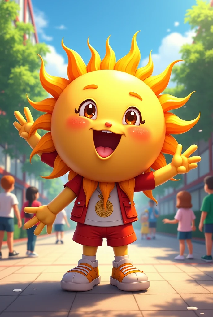 Make a full-body mascot for a student council featuring the face of a cute, smiling sun