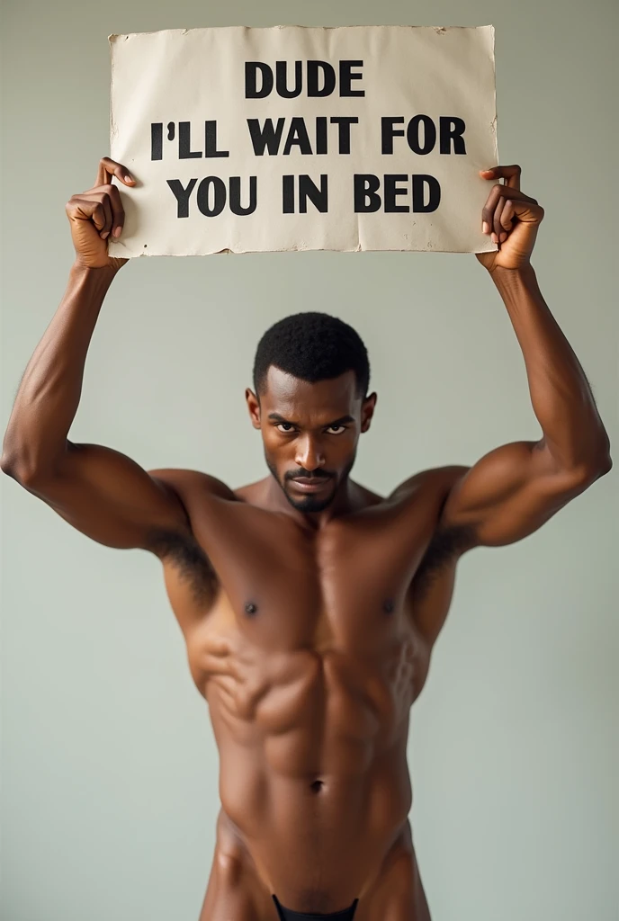 (photorealism:1.2), tall light brown man, naked without clothes, holding a sign with his arms raised where it says &quot;dude, I&#39;ll wait for you in bed&quot;