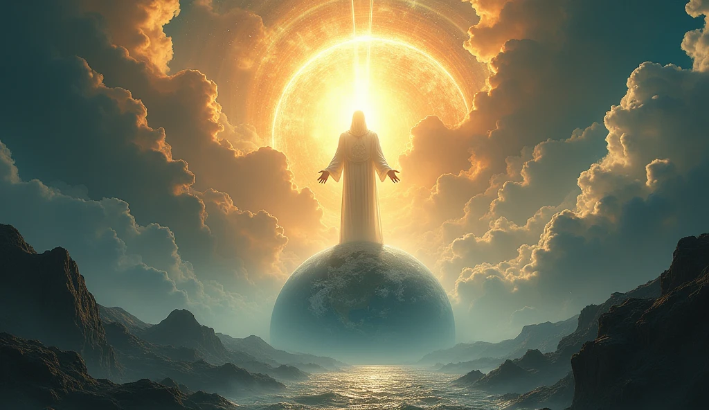 (photorealism:1.2), CREATION OF THE WORLD, WITH GOD'S DIVISION OF WATER AND EARTH AND LIGHT AND HAVING GOD OVER THE GLOBE IN THE FORMAT OF A STRONG LIGHT