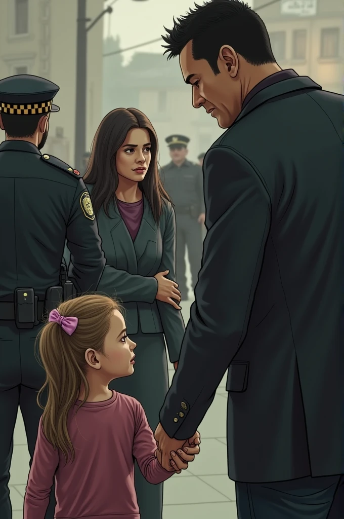 A man is holding a little girl's hand and the girl is looking back.  A woman is being taken away by the police in the back