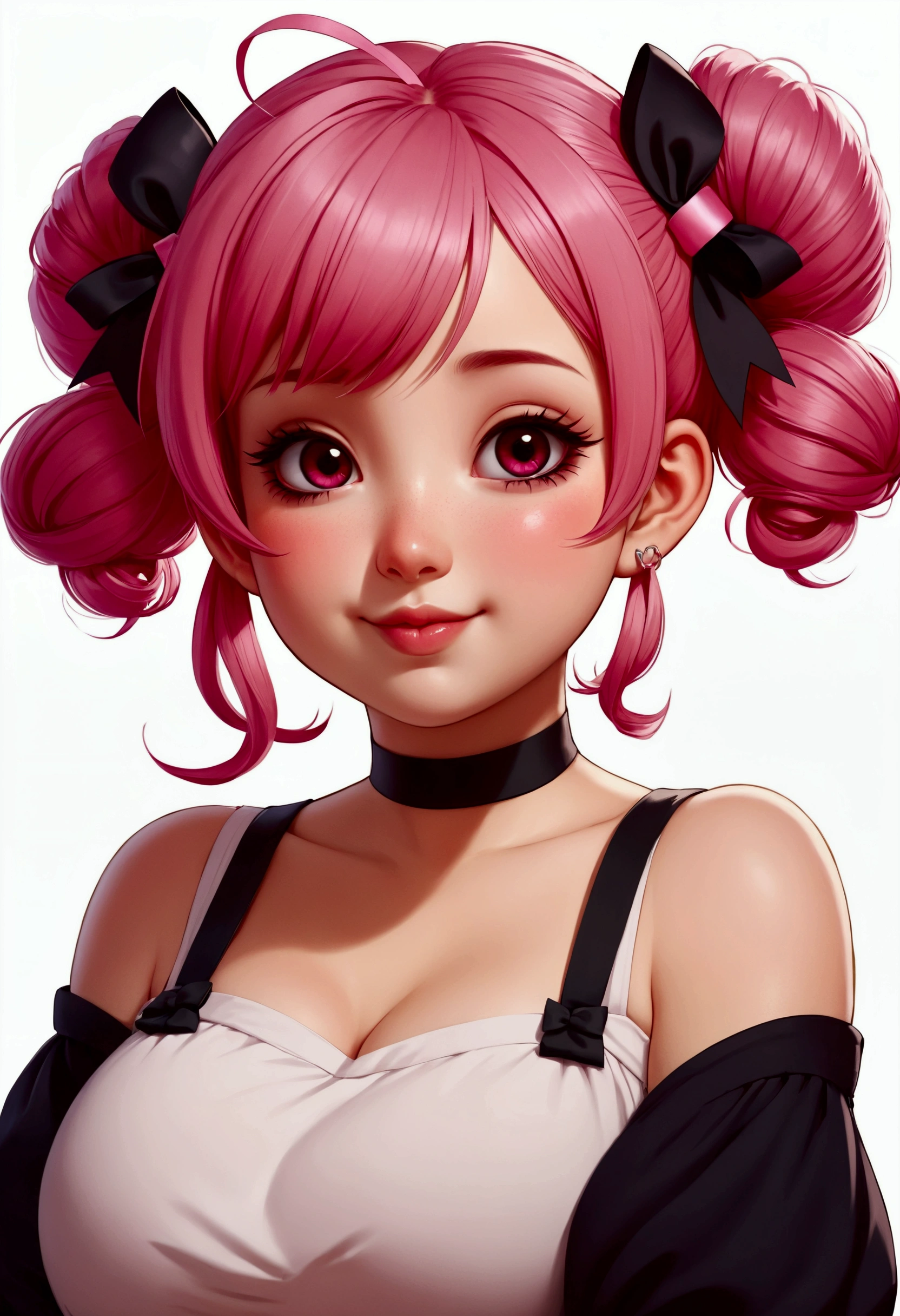teenage girl, anime girl, cute , beautiful, pink hair with double bun and ribbon, modern outfit, plumpy lips, big prestty eyes, big boobs, one hand on the chin, smiling, small chin, chubby cheeks, red blush