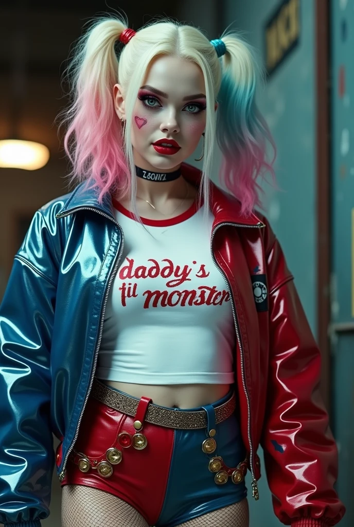 Cinematic image of a female character inspired by the aesthetic of Harley Quinn from the film "Suicide squad". She has light blonde hair, divided into two parts, one dyed blue and the other pink, tied in high ponytails. your skin is pale, quase branca, highlighting heavy eye makeup, that combines faded red and blue eyeshadow around the eyes, with lips painted in intense red. in the face, there is a small heart shaped tattoo under his right eye and the word "Rotten" written on her cheek She wears a white t-shirt with the phrase "Daddy's Lil Monster" written in red, which is partially hidden under a metallic red and blue jacket. The jacket has a shiny finish and is paired with short red and blue leather shorts., adorned with belts and five golden. On your legs, She wears ripped fishnet stockings and high-heeled sneakers with gold and glitter details.