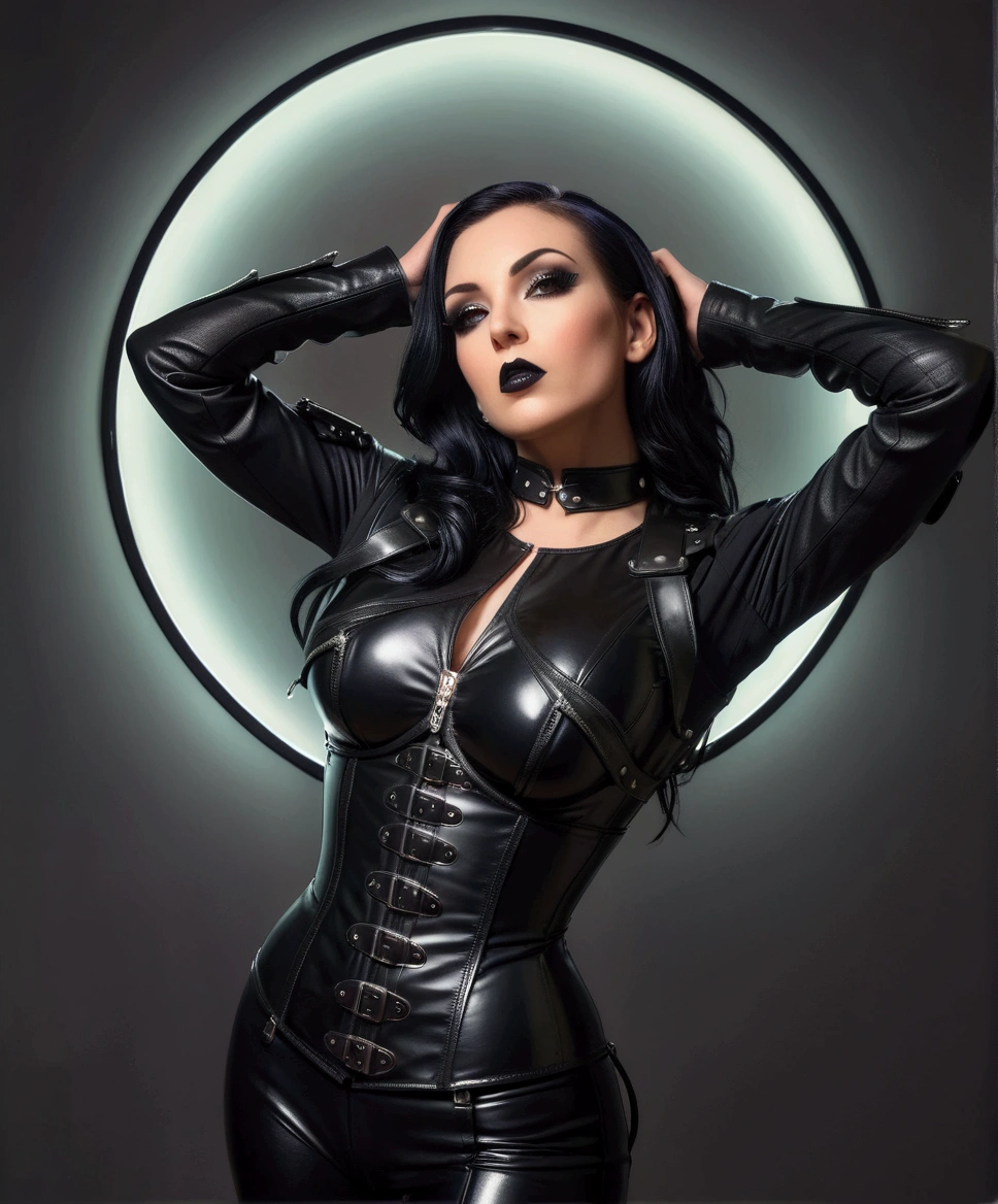 arafed woman in a black corset posing in front of a circular light, in a leather corset, dominatrix, wearing black latex outfit, dressed in black leather, latex domme, vests and corsets, seductive cyberpunk dark fantasy, dressed in black body armour, wearing a full leather outfit, photo from a promo shoot, latex outfits