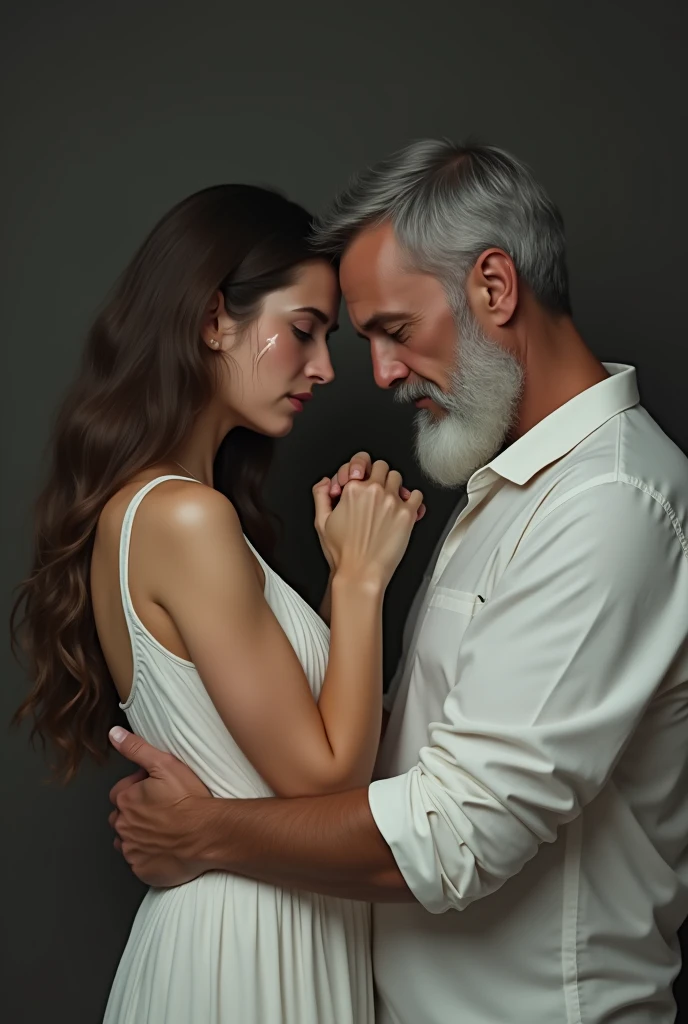 a woman in white dress crying and holding her face while talking to her husband has beard that wear white shirt