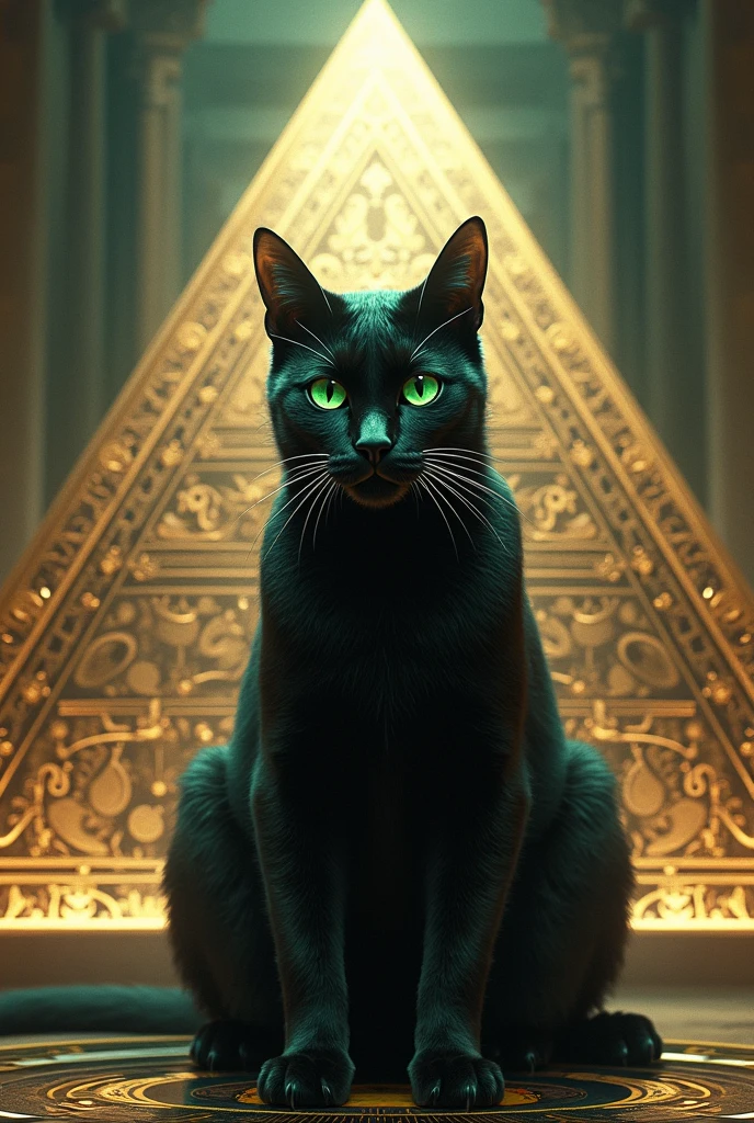 Make me a coat of arms with white and gold colors With Egyptian characteristics with a smooth and shiny black cat, large, thin, with an angry face, emerald eyes and in the background a transparent pyramid 