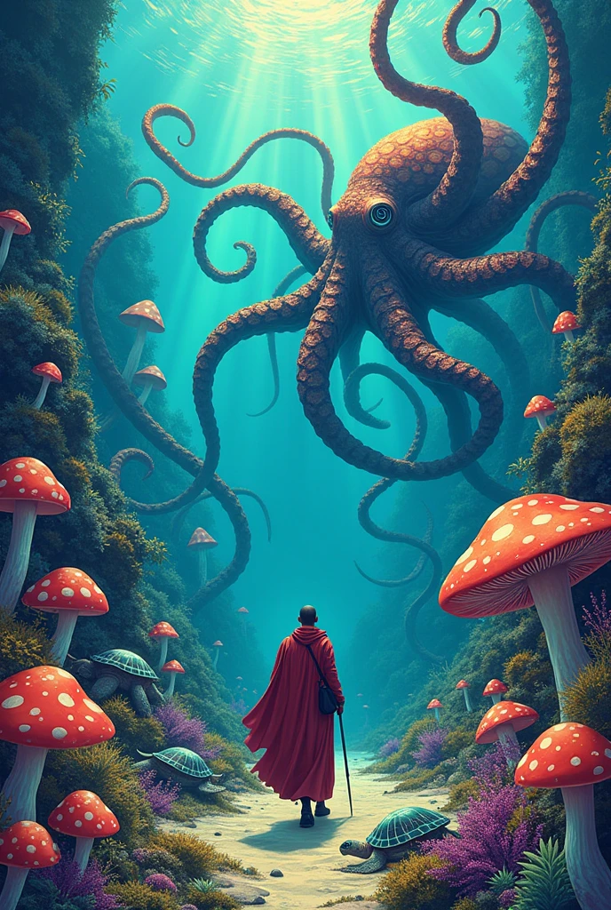 Very psychedelic mushrooms more illustrative in the exaggerated seabed with psychedelic seaweed and turtles and a giant psychedelic octopus and lots of mushrooms and add a monk diver