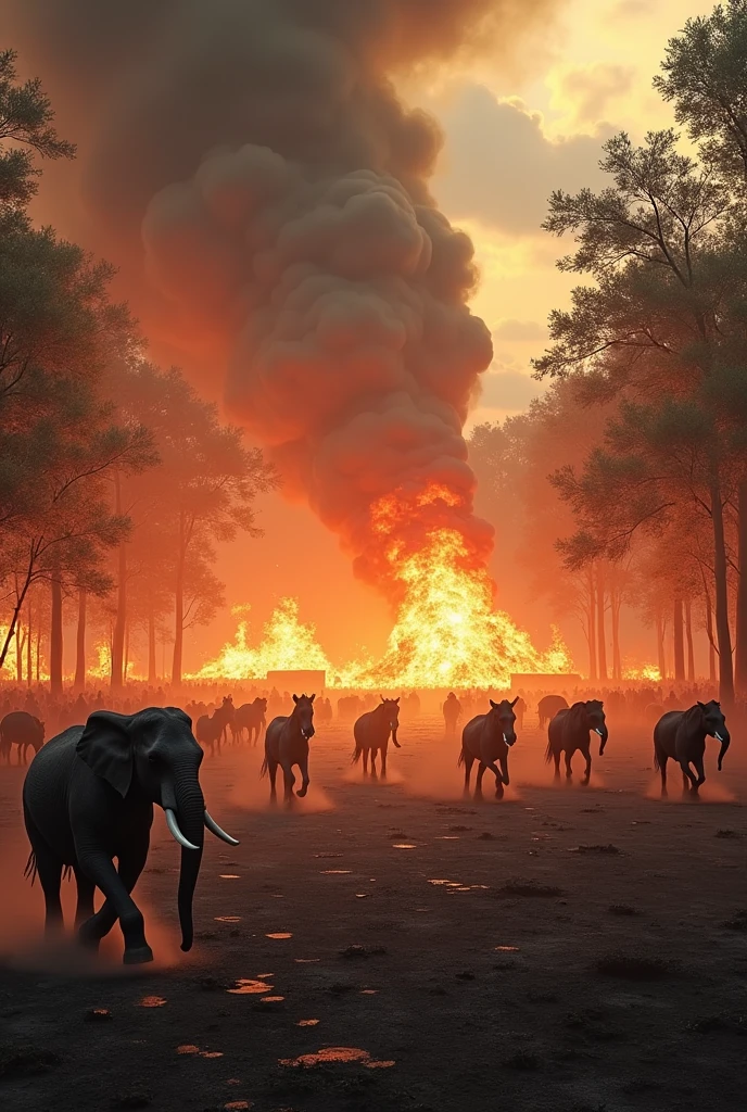 A forest is fire, explosion area, wind, 3D picture effects, war area, horses, elephant, humans