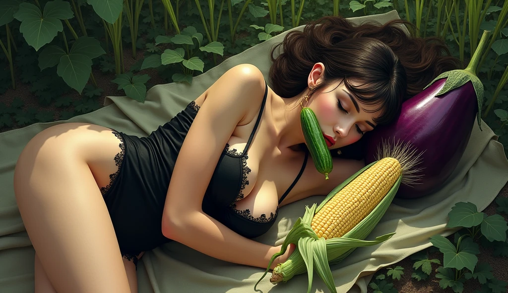 Beautiful woman dressed sexily sleeping in the garden, and his mouth was holding a serrated cucumber and beside it was a large, slimy, hairy corn kernel and there was also a long, large eggplant