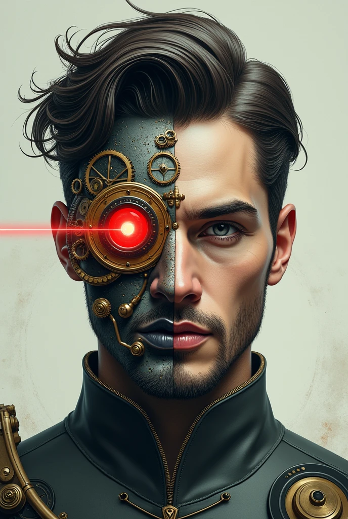 one side steampunk handsome male with red laser eye and one side of face is steampunk