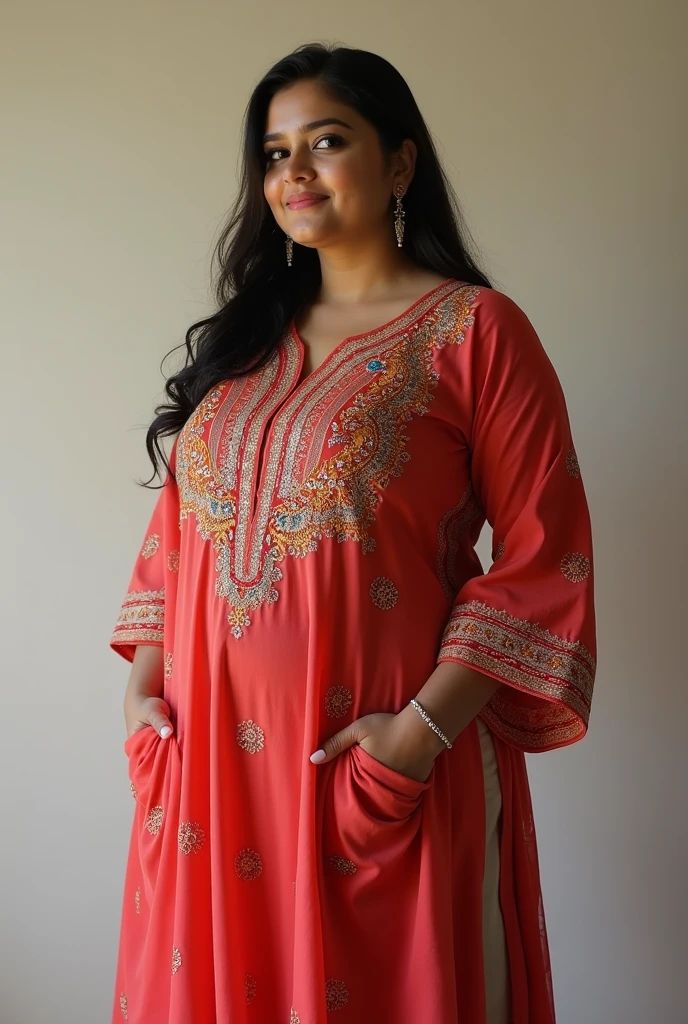 A Pakistani woman. Fat woman. Cute and innocent. Heavy boobs. Wearing Punjabi style kurti. Realistic face. Realistic dress. Hot and sexy figure.