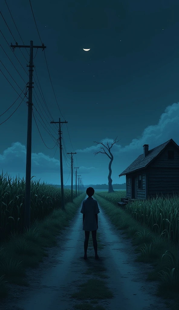 2D anime theme a rough old way midnight both sides of way fields of corn are present a terrible tree i , a rough terrible house , rough lamppost