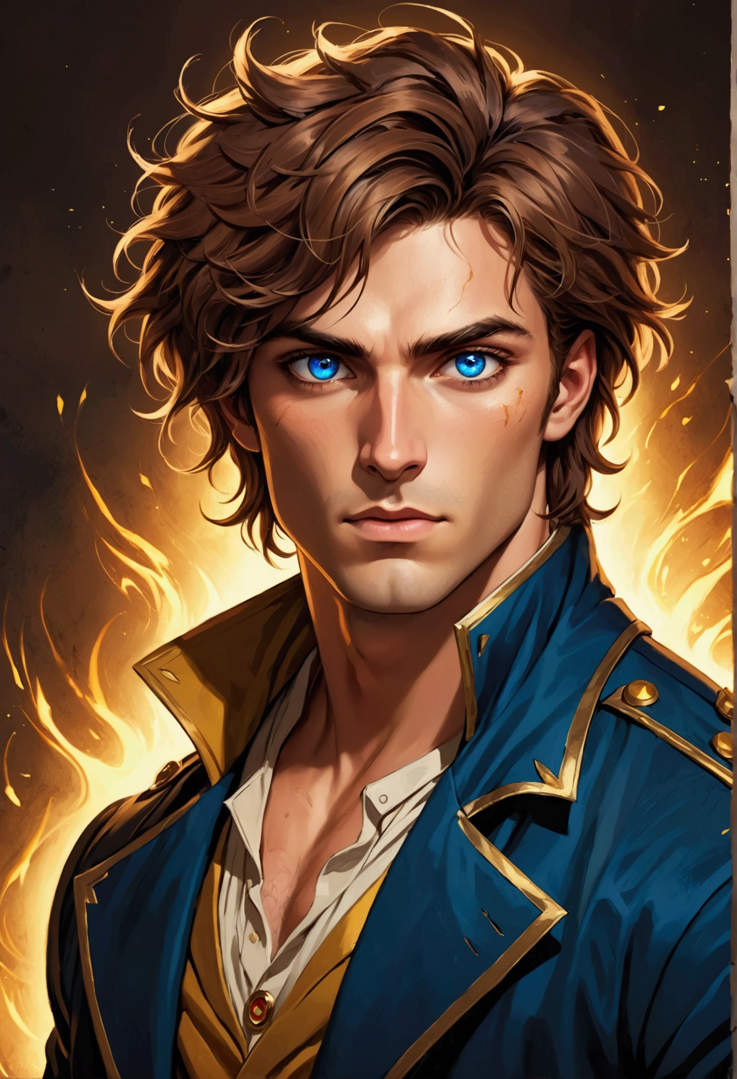 Art of an attractive man, strong bodie, medium brown messy hair, Gambit Remit inspiration, heterochromia in the eyes, one blue eye and one golden eye, pele latin completely no