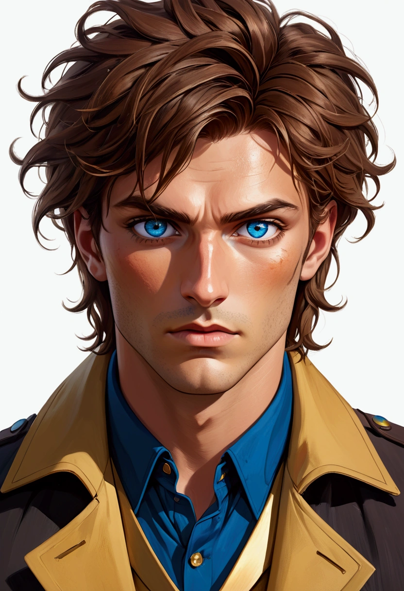 Art of an attractive man, strong bodie, medium brown messy hair, Gambit Remit inspiration, heterochromia in the eyes, one blue eye and one golden eye, pele latin completely no
