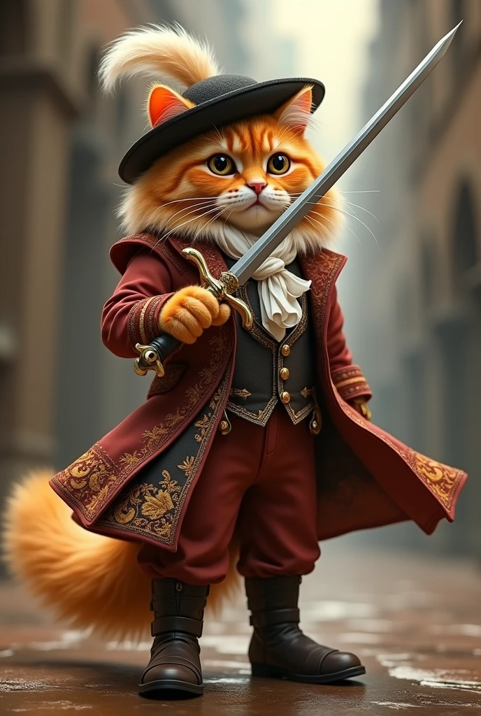 An anthropomorphic cute Persian cat dressed like a musketeer in chic boots and with a sword. High detail, sharp focus, contour sharpness, 8K, cinematic environment, dynamic shot.