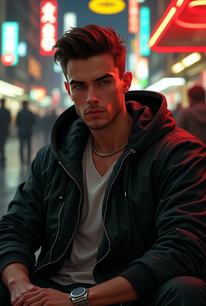 (photorealism:1.2), (cyberpunk). A handsome young man sitting in public area, wearing black hoody thight jackets, relaxed pose, realistic, intricate details, warm colors, by Greg Rutkowski, by Alphonse Mucha