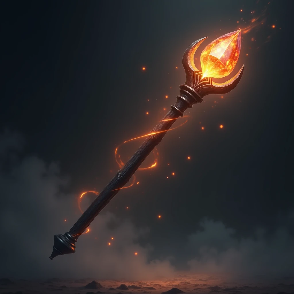 hyperrealistic, a magical weapon staff with a black wooden handle, the end set with a orange gem from the burning heat it gives off, floating in the air, a shadow swirling around the staff