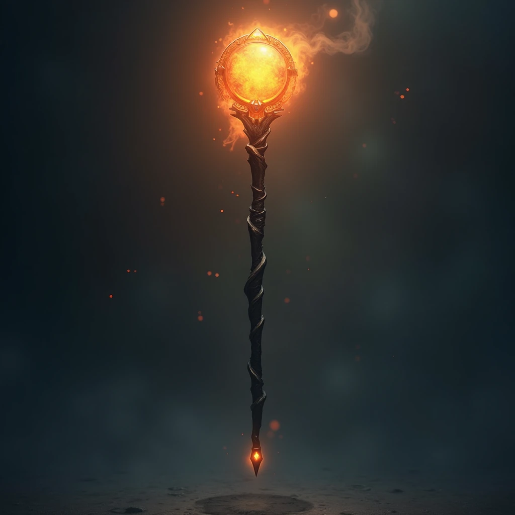 hyperrealistic, a magical weapon staff with a black wooden handle, the end set with a orange gem from the burning heat it gives off, floating in the air, a shadow swirling around the staff