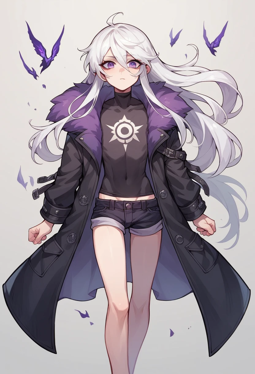 1 femboy, long white hair, dark purple eyes, black coat and short shorts,rpg.