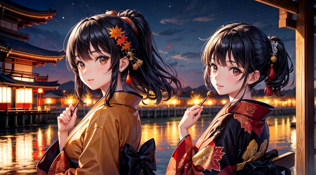 One Girl, Black Hair, Brown eyes, Wear a beautiful Japanese kimono, autumn leaves, Kyoto cityscape, night, High resolution, Ultra Sharp, 8k, masterpiece, View your audience