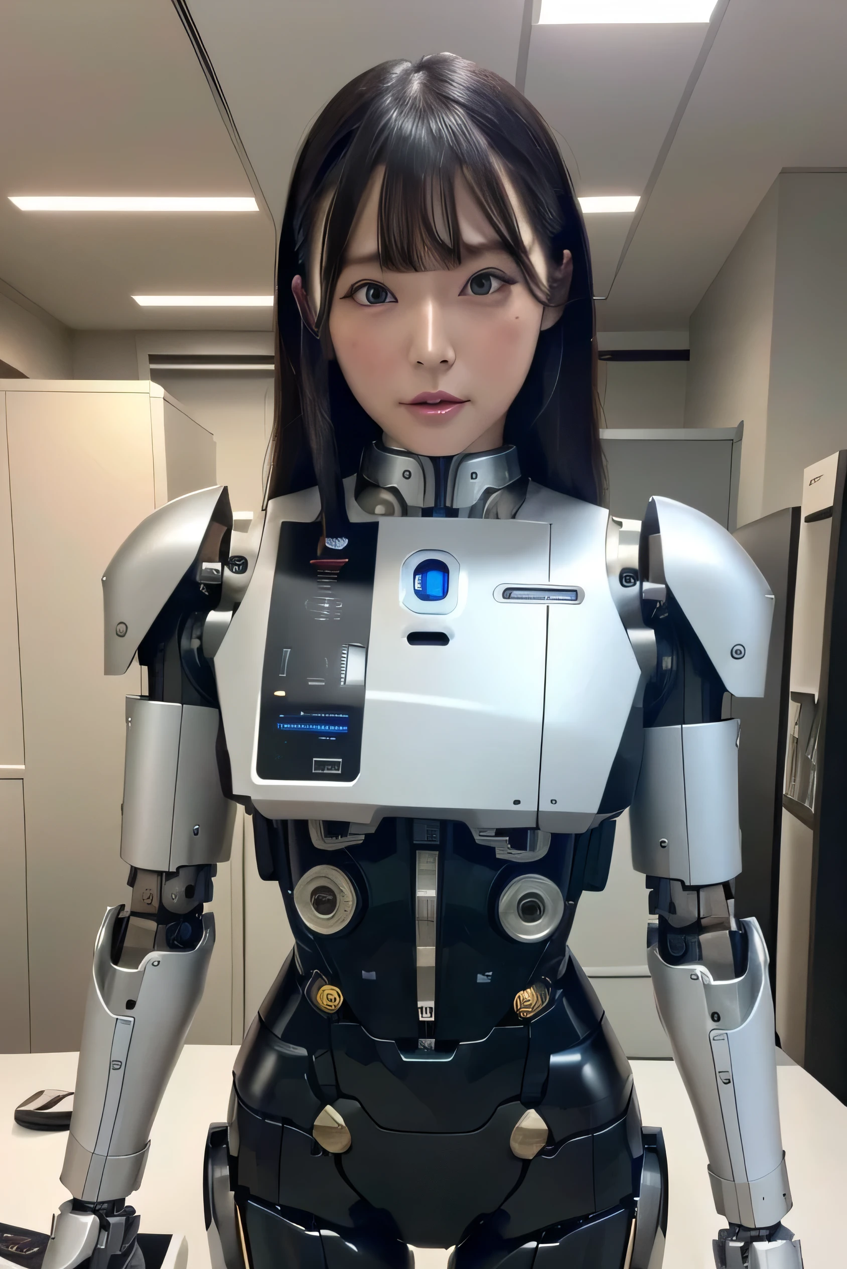 masterpiece, best quality, extremely detailed,  Japaese Cyborg girl,Plump , control panels,android,Droid,Mechanical Hand, Robot arms and legs, Black Robot Parts,Black hair,Mechanical body,Blunt bangs,White robotics parts,perfect robot girl,future information counter,reception,long tube,thick cable connected her neck,ceramic body ,mechanical body,mechanical costume,android,robot,humanoid,cyborg,information office,japanese android receptionist ,mechanical chest,blue eyes,office-lady