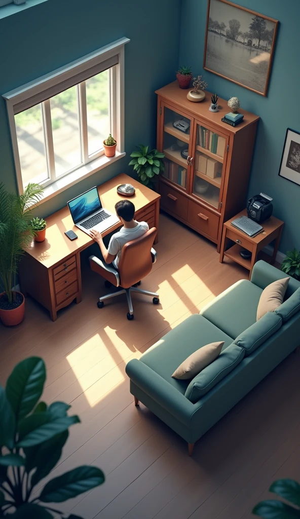 Office with laptop on the table facing the window, very comfortable armchair with wheels and generator with a very comfortable sofa behind