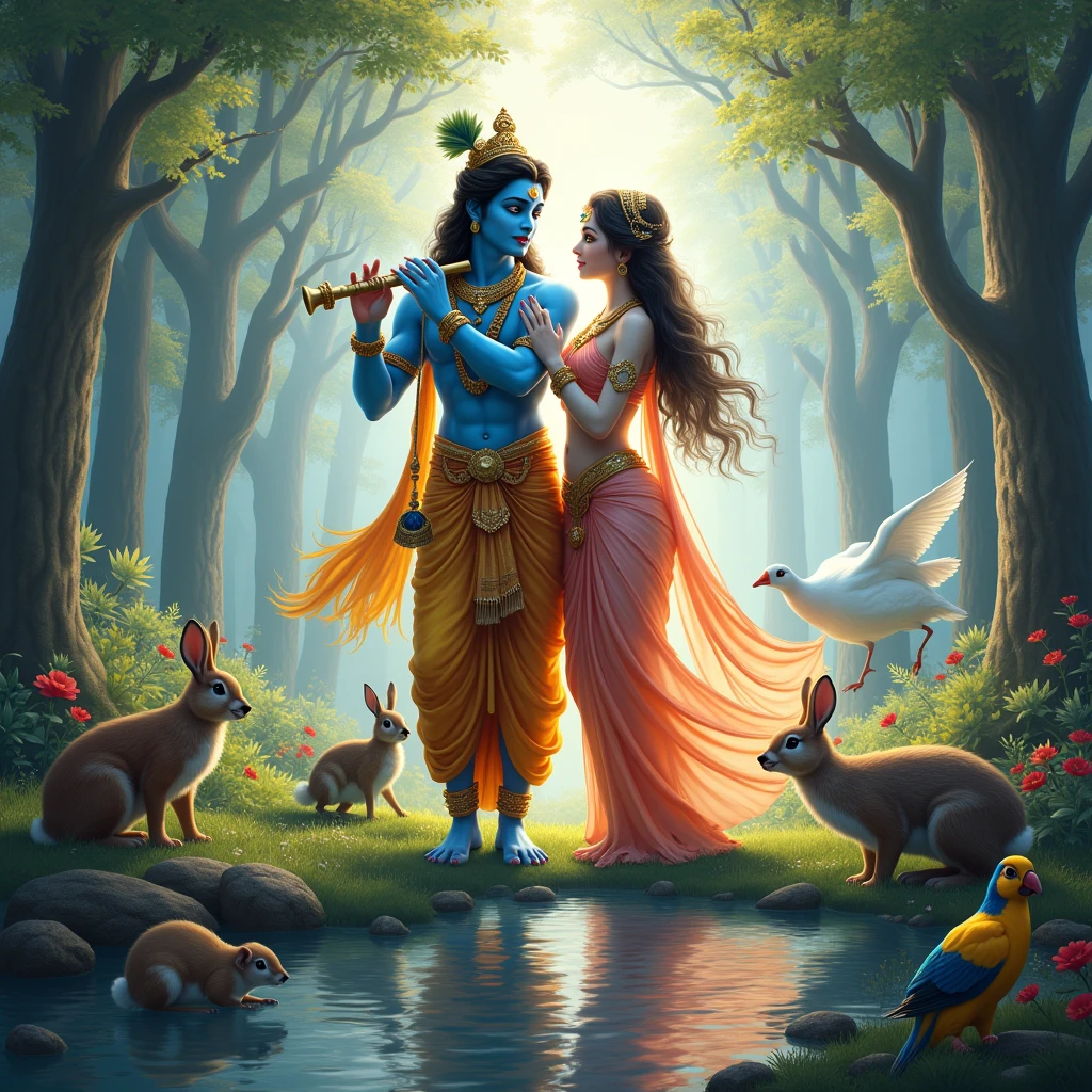 Create an image of lord krishna with flute in his hand and with shree radhika who stand aside of him and some animals like rabbits and squirrels and deers and some birds like peacocks and swans and parrots are moving around them
