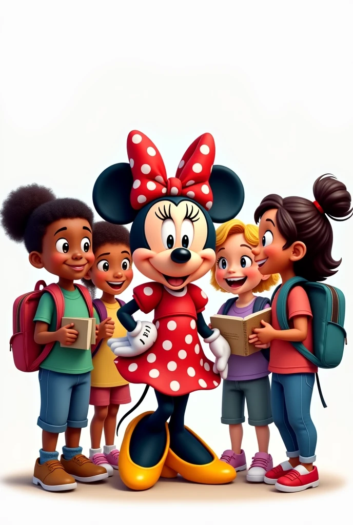 draw for me MINNIE disney with children feeling included among them books backpacks disney pixar style with white background full image without cutting any character
