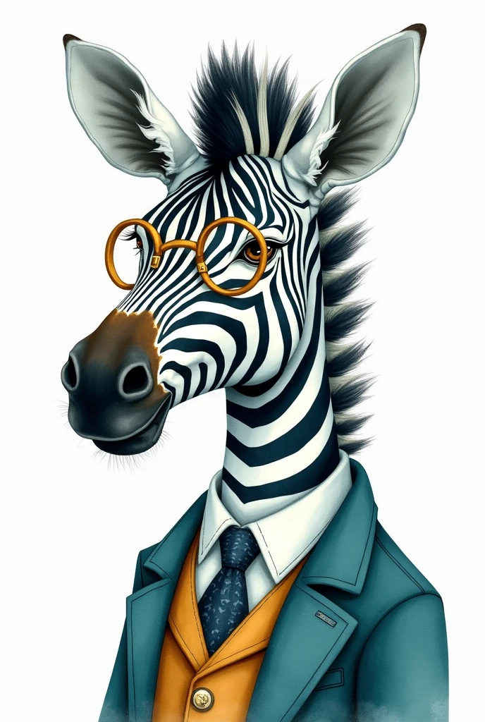 A watercolor painting of a zebra wearing a tweed vest and a monocle, on white, in the style of deep teal and gold, charming character illustrations, teal and ivory, paint dripping technique, distinguished expression, gigantic scale, UHD image.
