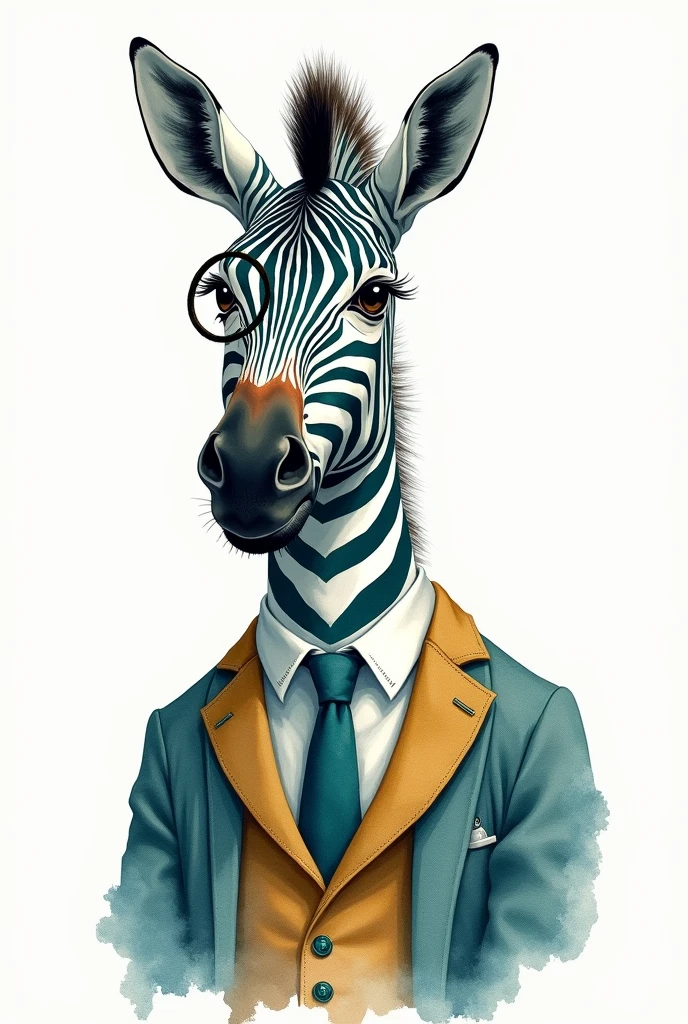 A watercolor painting of a zebra wearing a tweed vest and a monocle, on white, in the style of deep teal and gold, charming character illustrations, teal and ivory, paint dripping technique, distinguished expression, gigantic scale, UHD image.