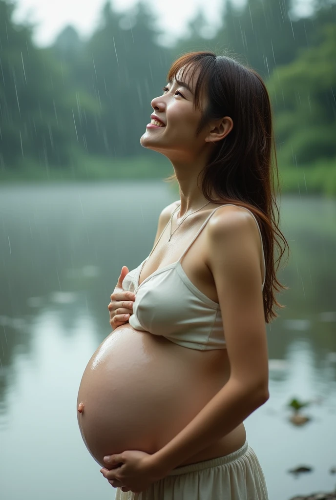 (In 8K、Live Shooting、Highest quality、masterpiece)、(Real、Photorealistic)、Pregnant women,Big Belly、Japanese women、1、short length、 Smile、((Front view))、(Protruding buttocks:1.4), (Highly detailed face and skin texture:1.4)、Detail lips、((More Skin:1.7))、(Slim body:1.3)、(Thin arms:1.3)、(Detailed eyes、Droopy eyes)、(Shiny skin)、((Light brown hair))、(Natural light)、(Asahi)、(Long bangs)、In a swimsuit、(lake)、(Strong winds:1.3)、(Wet body:1.2)、(Under the Rain)、(Look up:1.3)、With open arms、