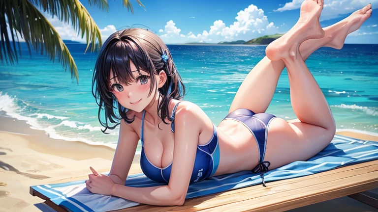 Blue sea and sky in the background、Please draw a scene of a woman wearing a two-piece swimsuit relaxing on a swim ring.。She smiles、Enjoying the summer sunshine while being rocked by the waves。In the background、Sandy beaches and seaside scenery。