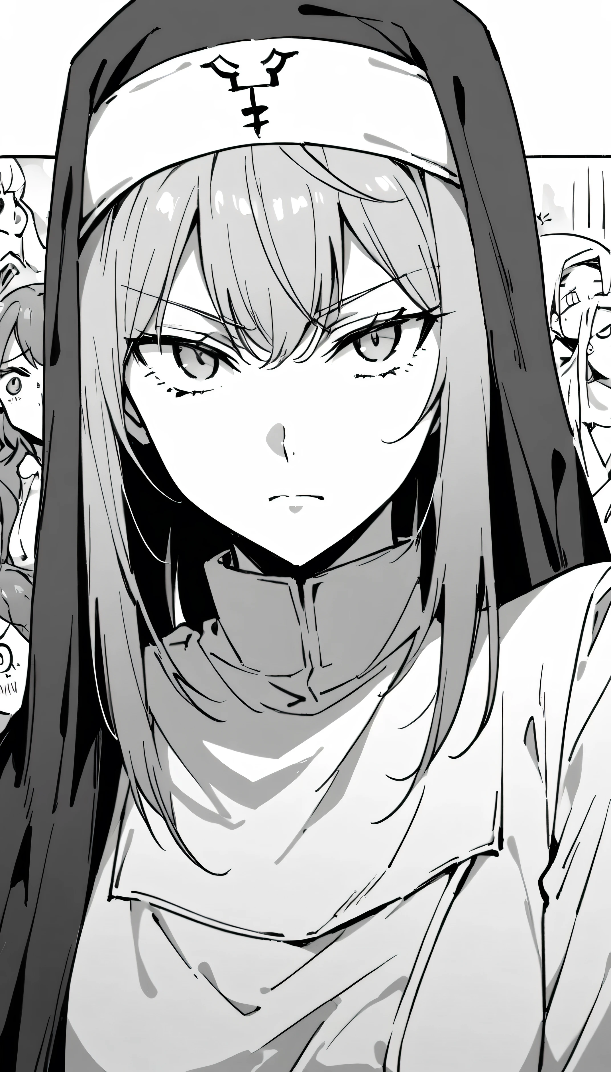 A beautiful women in nun dress staring at me with indifferent gaze, like I'm not existing for her, black and white manga image.