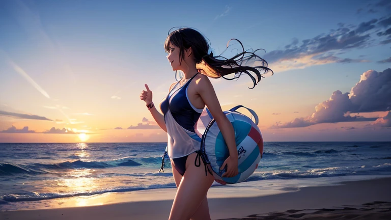 A woman wearing a separate swimsuit、Draw a scene of a person walking towards the sea on a beach with a swim ring。The excited expressions before entering the sea、The sparkling surface of the sea represents the joy of summer.。In the background、The horizon and sky in the distance are depicted.。