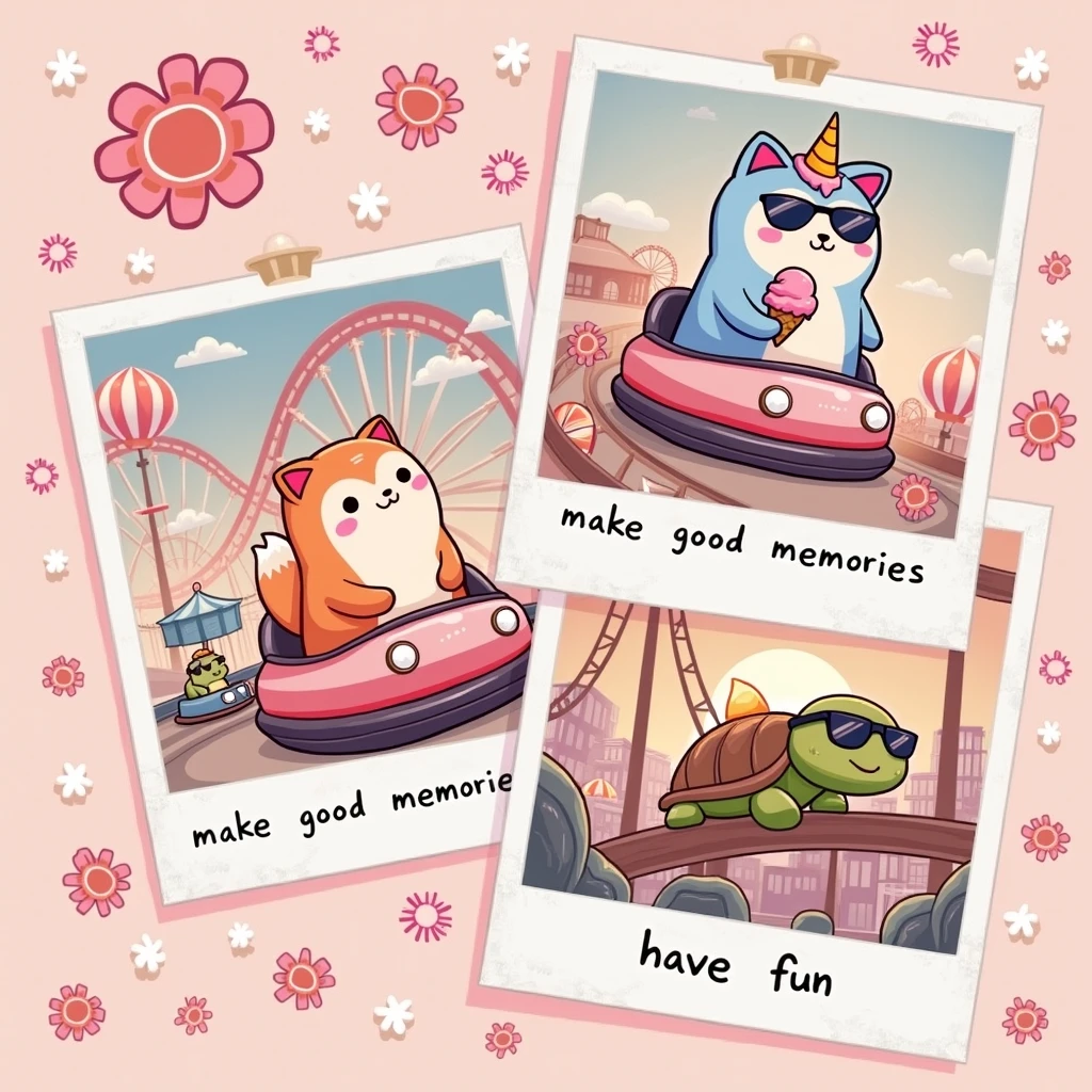 create a smart illustration, with good layout, and design features, ((glad)) with good contrast, with fine and delicate lines, cute fun, to the audience (The image features three photos with polaroid style images ((3 squishmallows animals estilo cartoon. Nota:(((the squishmallows have to look like teddy bears))): in the first photo, um rapoza laranja glad em um carrinho de bate bate; In the second photo, a blue unicorn, grandes olhos redondos tomando sorvete on the roller coaster, e uma tartaruga glad de óculos escuros. on the roller coaster)). the photos are random with different places situations, are different in each photo, the art in general presents a distribution with characteristics of shirt prints, in which "no" end up in a rectangular shape. Below this scene, há um texto que diz “Make good Memories,”"Have Funn"the stylized art that suggests a high summer amusement park vibe. The font color transitions from pink at the top to yellow at the bottom, imitating a sunset. This image evokes nostalgia for amusement park rides., adventures in toys, symbolizing freedom and leisure.