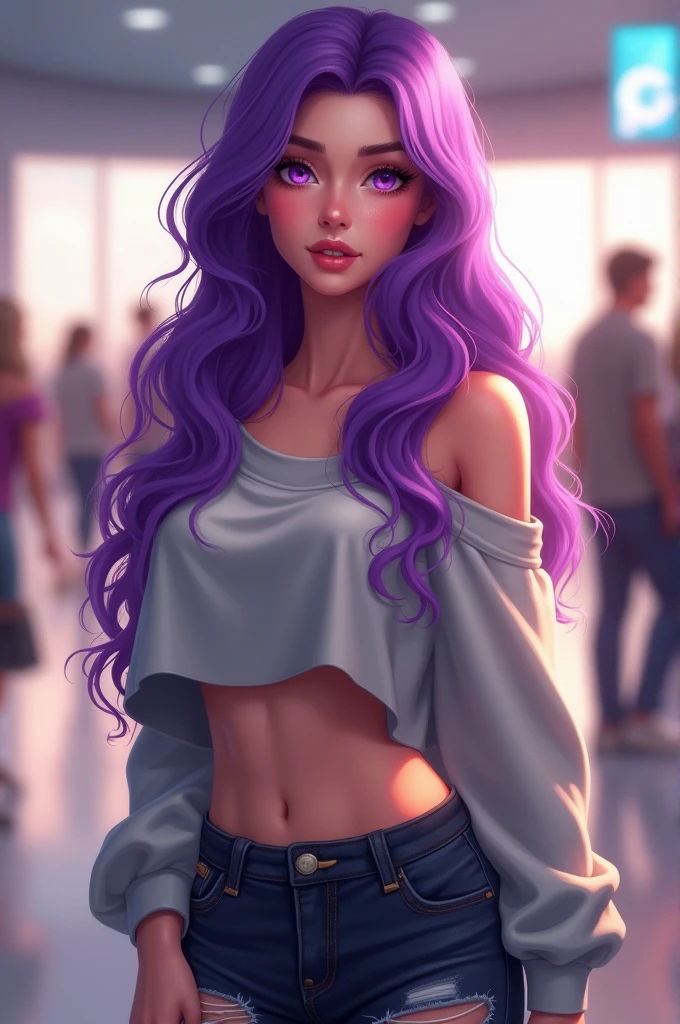 "A digital illustration of a young woman with long, wavy, purple hair that flows over her shoulders. She has large, expressive purple eyes with a slight blush on her cheeks. The girl is wearing a casual outfit with a light grey, off-shoulder top that exposes her midriff, and dark, ripped jeans. The background depicts an indoor setting, like an airport or mall, with soft, blurred lighting that emphasizes the character. The overall art style is detailed and polished, with a focus on a modern, fashionable aesthetic."