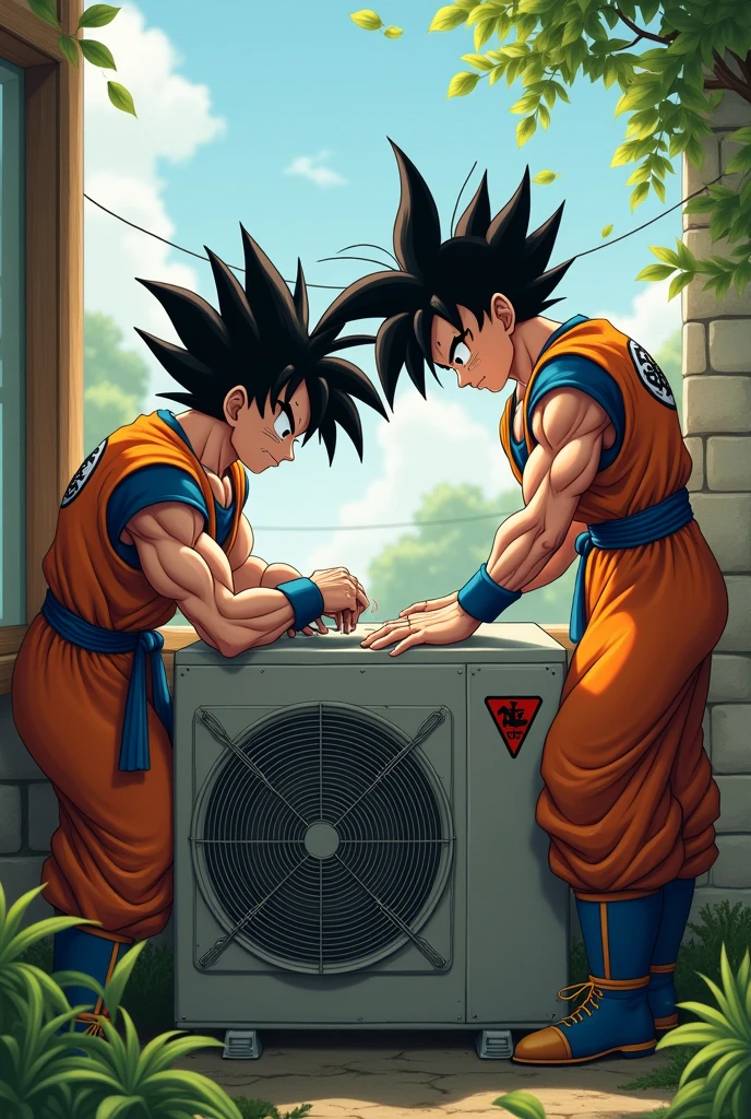Son Goku and Vegeta installing air conditioning
