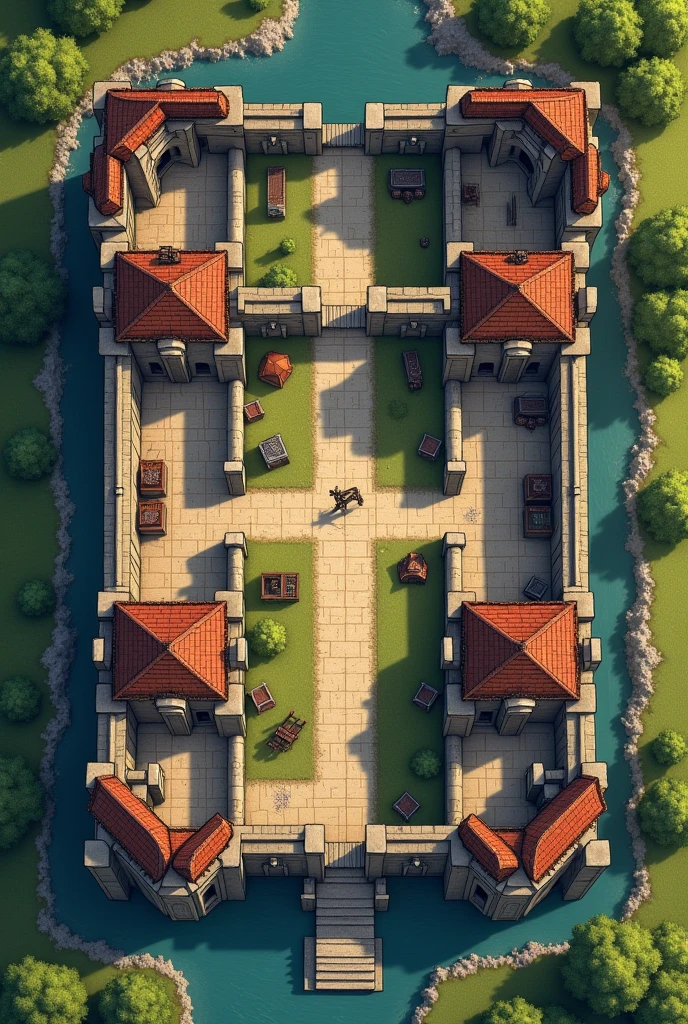 Map of a fortress for dungeons and dragons. top view. Two-wall defensive system. The castle has rooms for guests and for the king.. Has stables, an armory, a blacksmith shop, a library and a dungeon. There are crossbows on the walls for defense and the castle is surrounded by a moat.. There is a throne room. There is a kitchen near the throne room. Next to the king's room is a study room