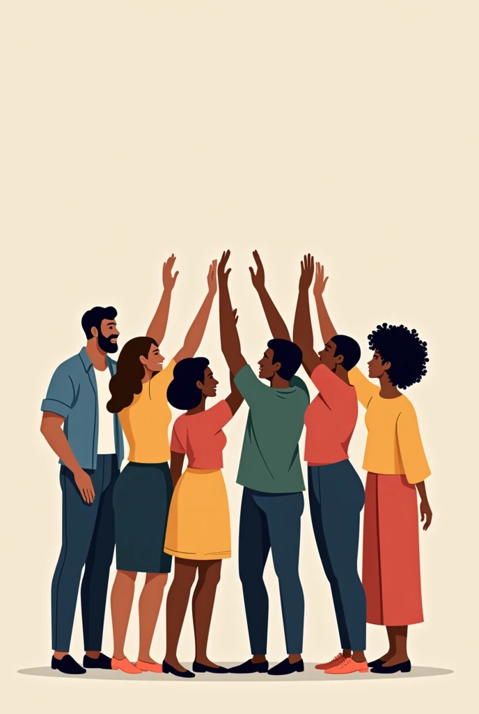 Make the symbol of cooperation with people with their hands up from different ethnicities