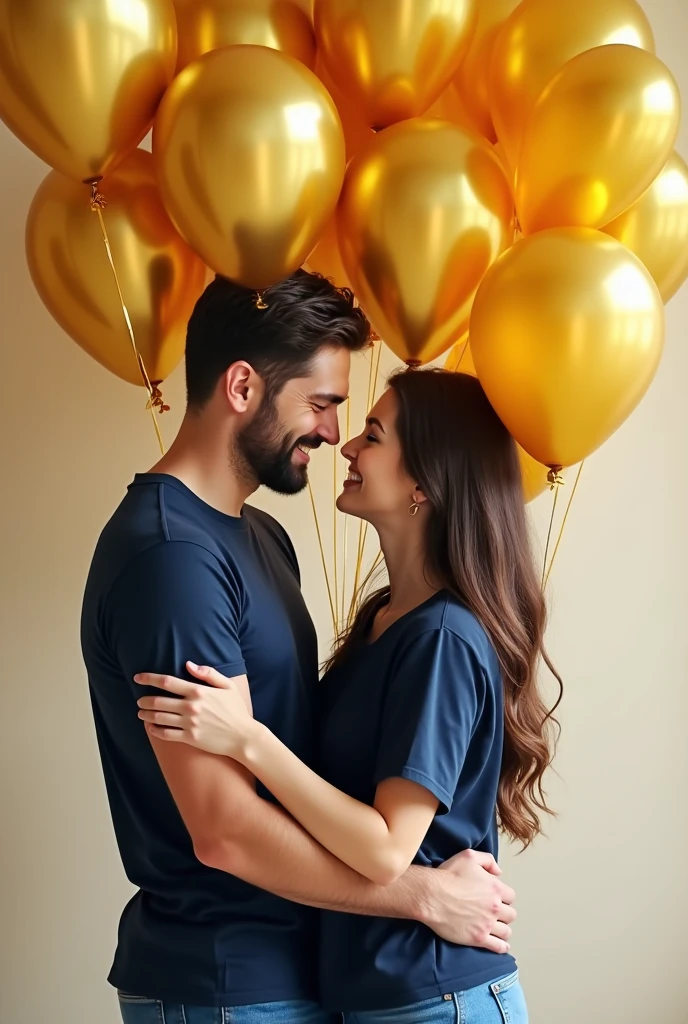 Couple wearing dark blue t-shirts holding golden balloons