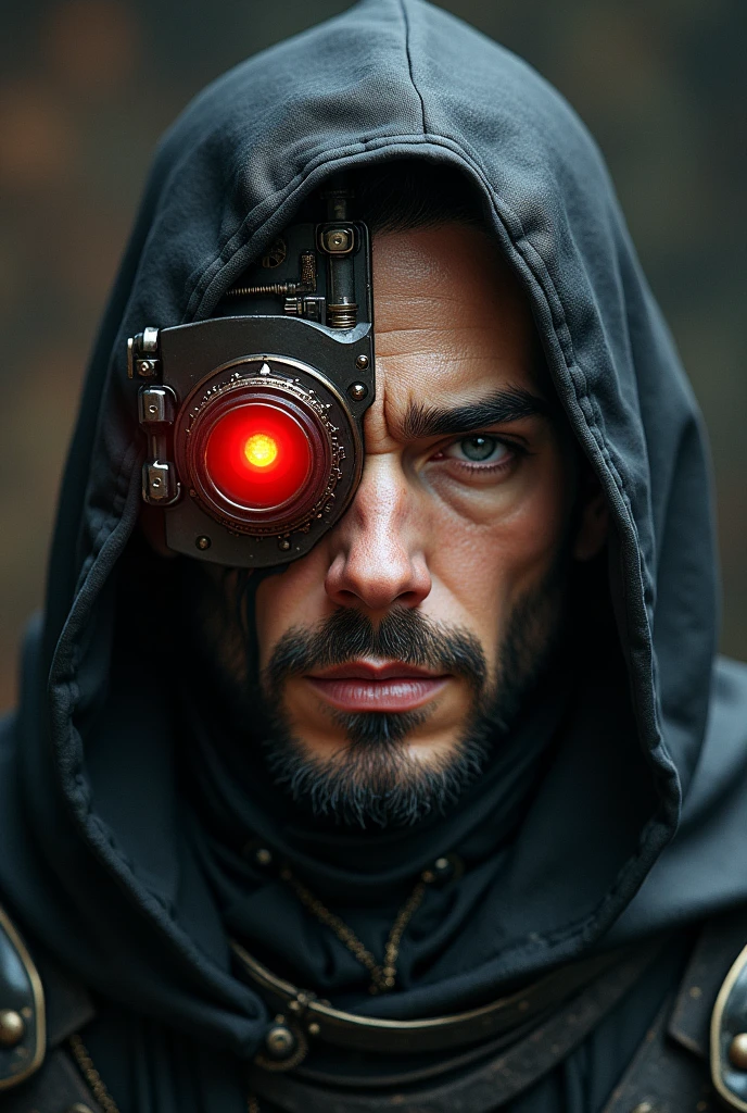 one side steampunk handsome male with red laser eye and one side of face is steampunk in a cloak