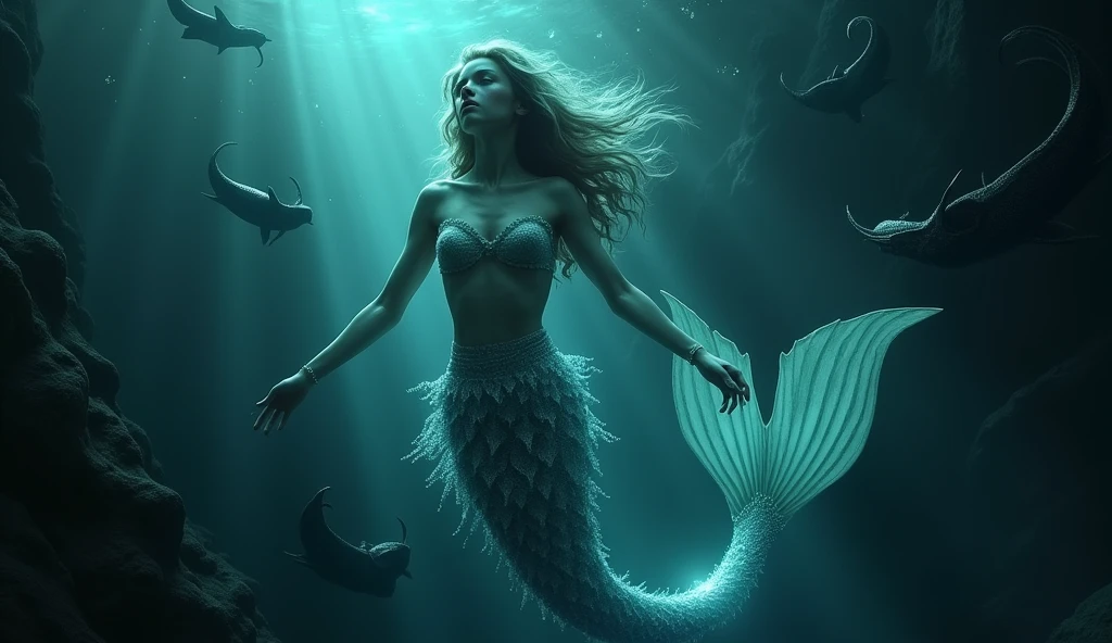 Enchanting Siren in Abyssal Glow: A mesmerizing mermaid with a shimmering, revealing tail sings hauntingly in the deep, dark ocean. Her skin glows with an eerie luminescence, reflecting the dark dubstep beats pulsing through the water. Surrounding her are shadowy, mysterious sea creatures and ethereal light effects, enhancing the scene's dark, fantastical allure. Aim for realistic depiction, make sure photos are at highest resolution (8K).