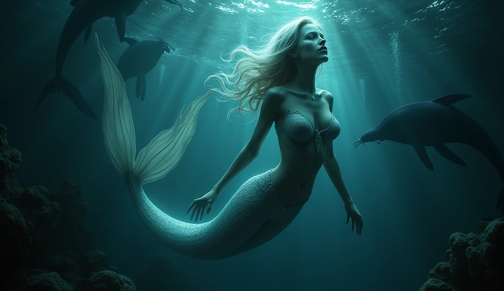 Enchanting Siren in Abyssal Glow: A mesmerizing mermaid with a shimmering, revealing tail sings hauntingly in the deep, dark ocean. Her skin glows with an eerie luminescence, reflecting the dark dubstep beats pulsing through the water. Surrounding her are shadowy, mysterious sea creatures and ethereal light effects, enhancing the scene's dark, fantastical allure. Aim for realistic depiction, make sure photos are at highest resolution (8K).