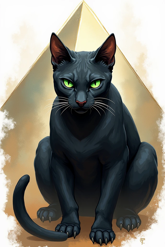 Make me a coat of arms with white and gold colors With Egyptian characteristics with a large, smooth, shiny, black hairless cat with an angry face with emerald eyes and in the background a transparent pyramid 