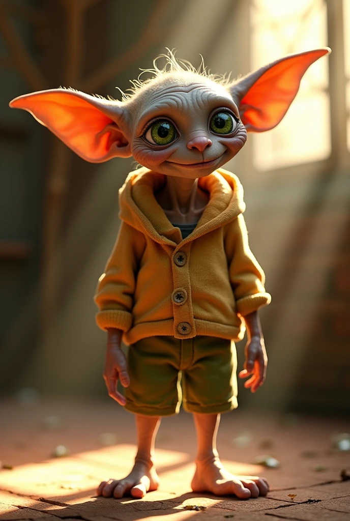 Create an image of Dobby from the movie harry potter With characteristics faithful to those of the film but wearing clean clothes and being happy.