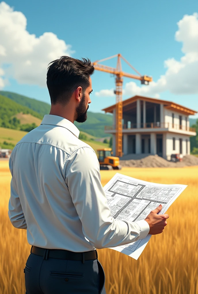 Architect in the field holding his plan, watching the construction