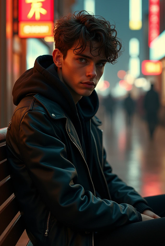 (photorealism:1.2), (cyberpunk). A handsome young boy sitting in public area, wearing black hoody thight jackets, relaxed pose, realistic, intricate details, warm colors, by Greg Rutkowski, by Alphonse Mucha