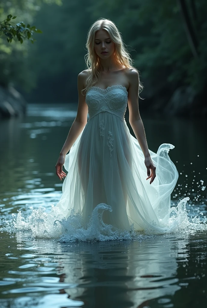 Imagine a thin muscular goddess or water spirit emerging from a river or lake. Her strapless dress should flow like water, with details that resemble waves and foam.  Franja, Olhos fechados, Premiado várias vezes,  Claro-escuro, Arte digital, 