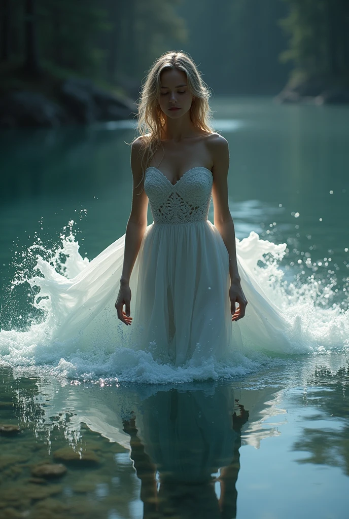 Imagine a thin muscular goddess or water spirit emerging from a river or lake. Her strapless dress should flow like water, with details that resemble waves and foam.  Franja, Olhos fechados, Premiado várias vezes,  Claro-escuro, Arte digital, 