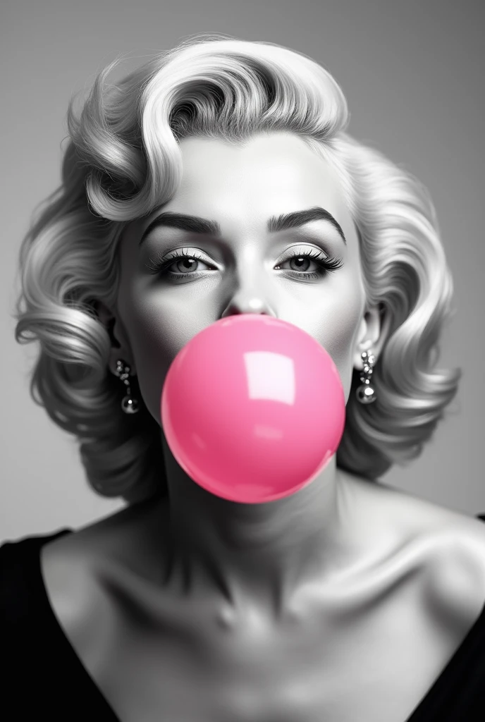 Marilyn Monroe in black and white blowing a bubble with pink gum
