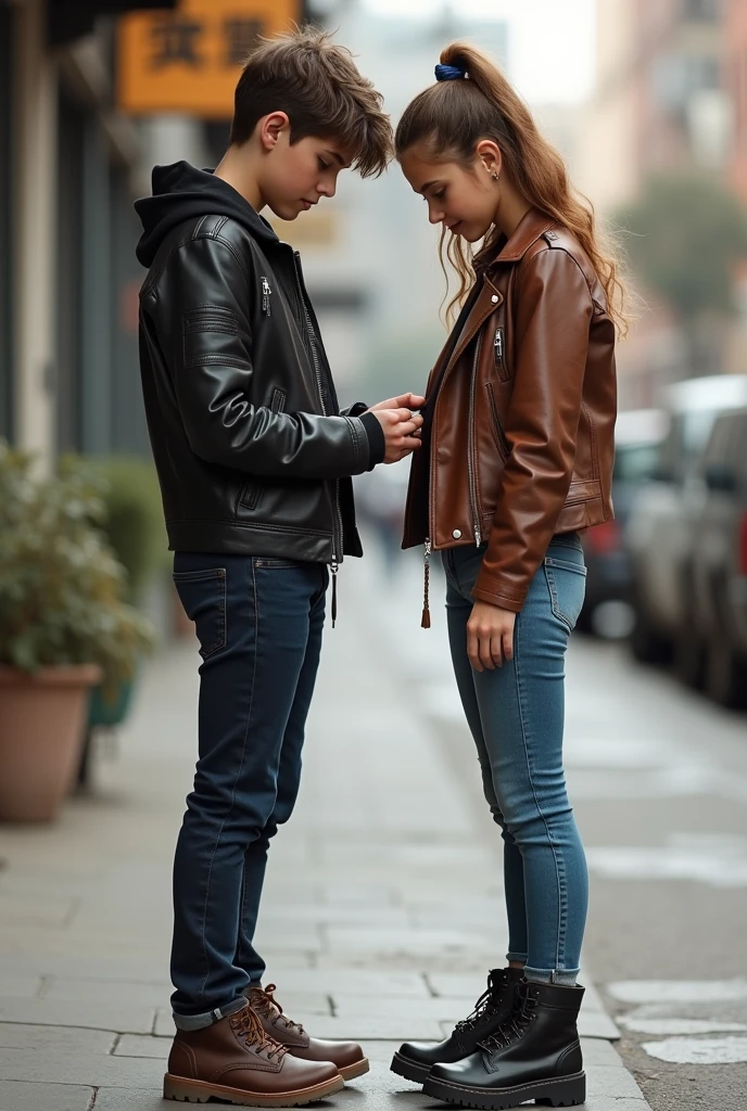 A teenager girl standing and wear leather jackets, tight-fitting jeans and shoes. The teenager boy touch and clean the jeans of the teenager girl.